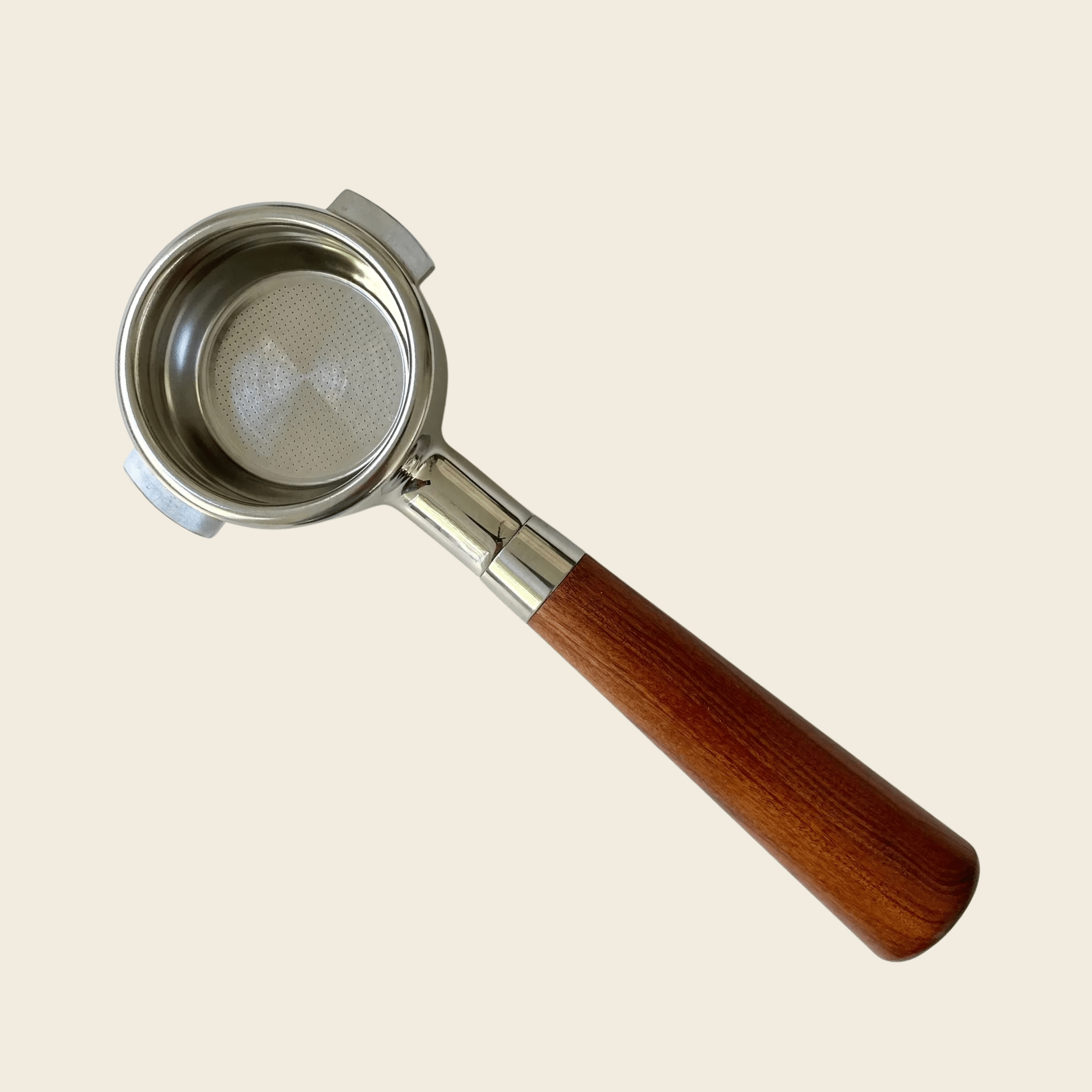 E61 58mm - Bottomless Portafilter - Almond Solid Wood — front view