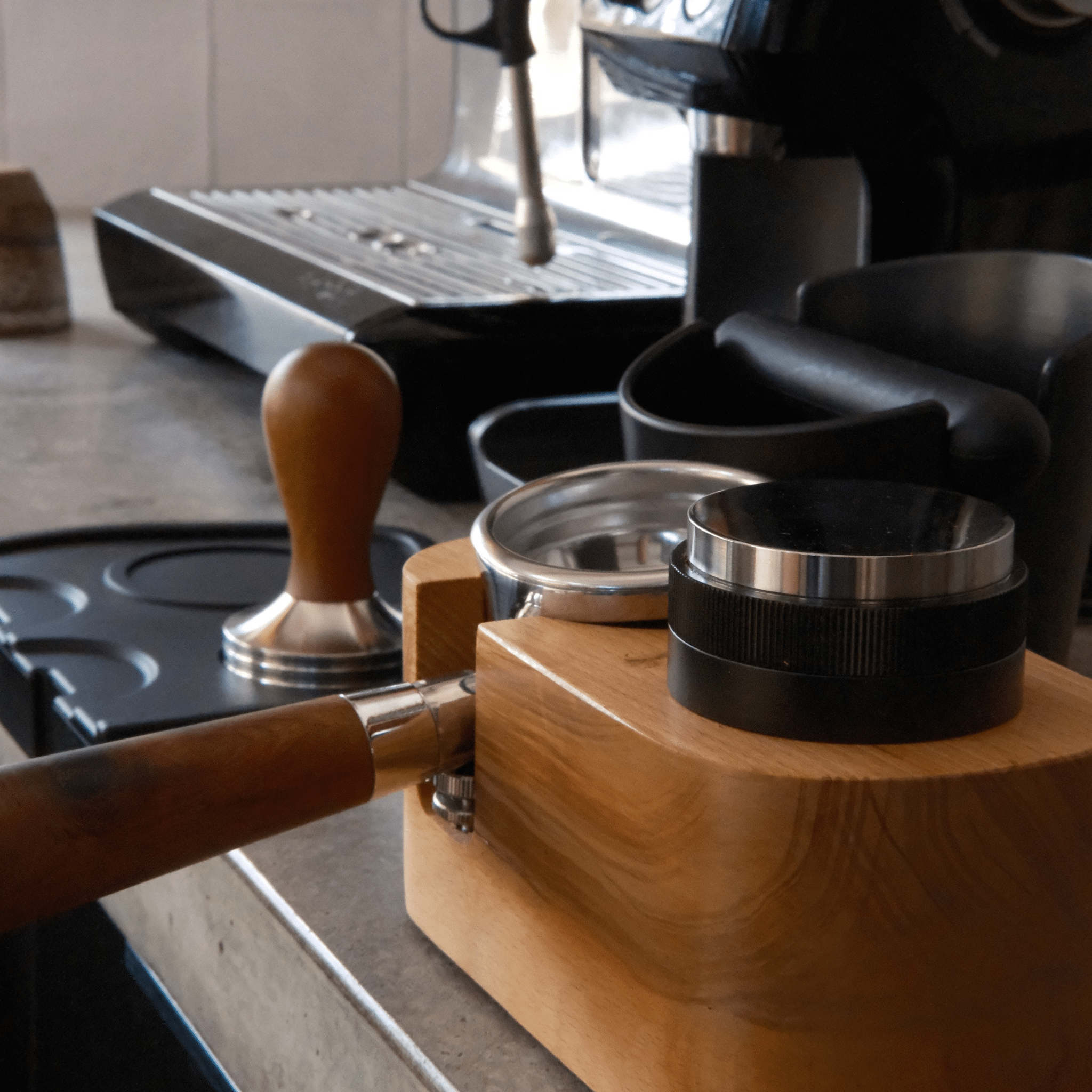 Wooden Coffee Tamper Station And Portafilter Holder - 58mm — lifestyle shot