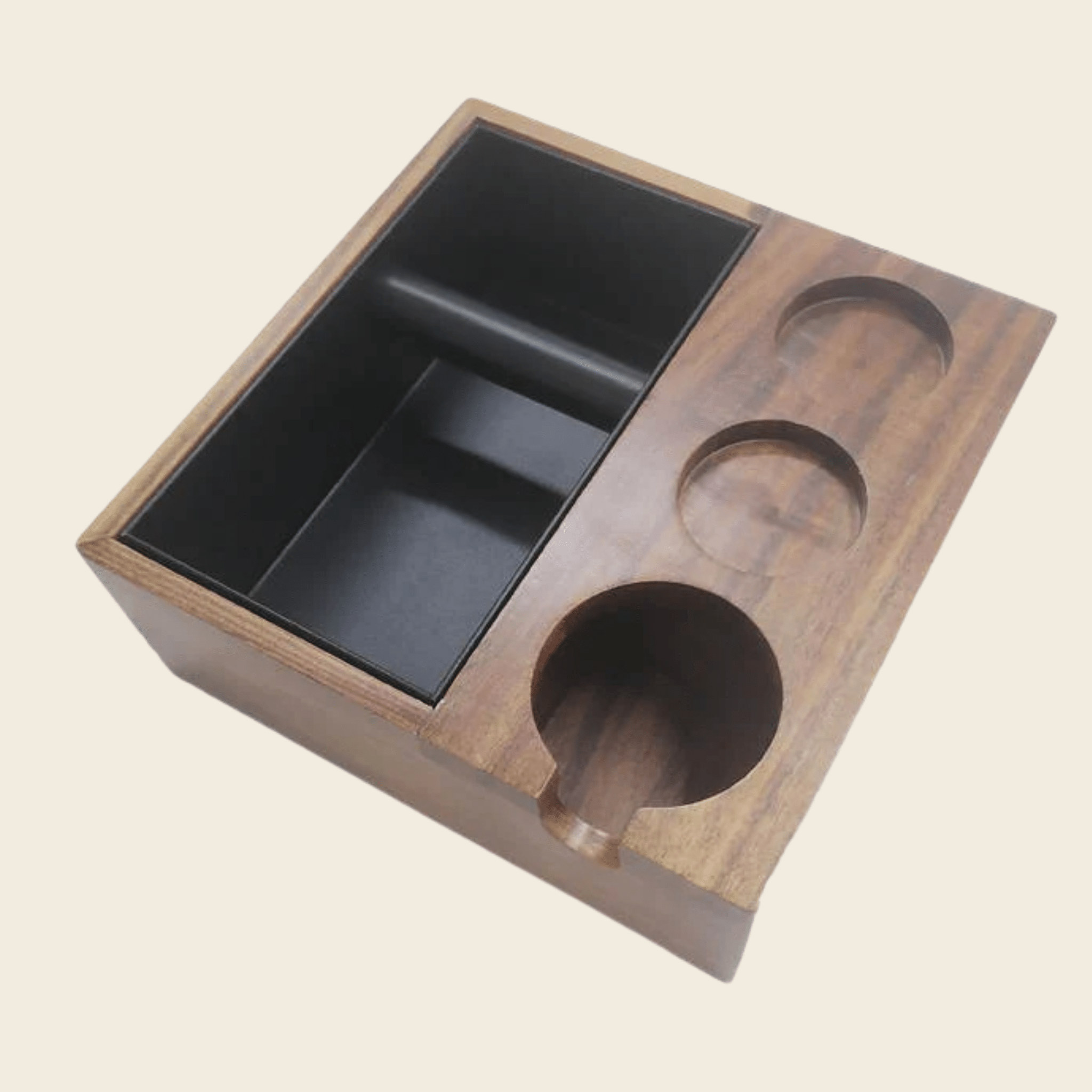 Wooden Trio Coffee Tamper Station and Knock Box — front view