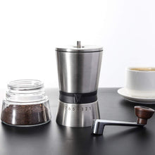 画像をギャラリービューアに読み込む, Stainless steel manual grinder with removable glass catch jar.
